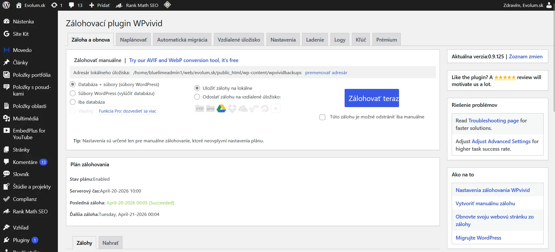 wpvivid zálohovanie